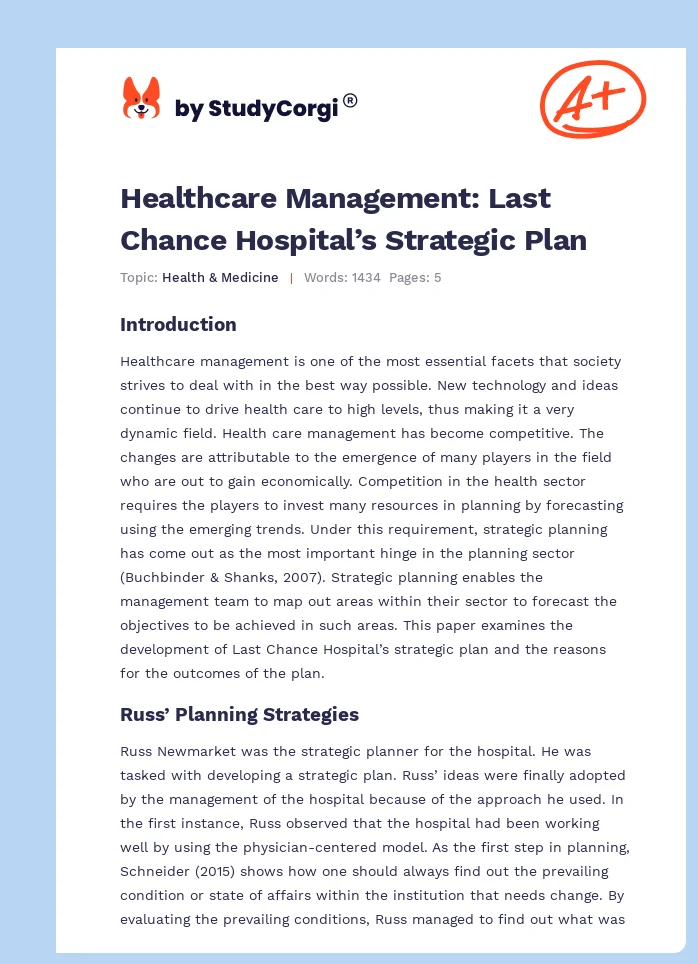 Healthcare Management: Last Chance Hospital’s Strategic Plan. Page 1