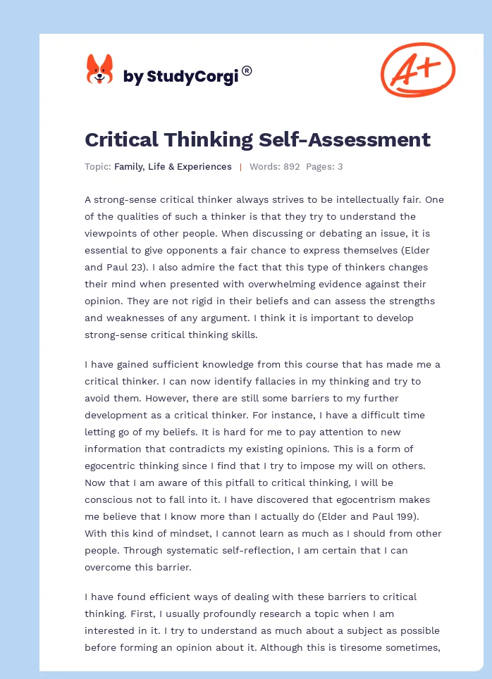 Critical Thinking Self-Assessment. Page 1