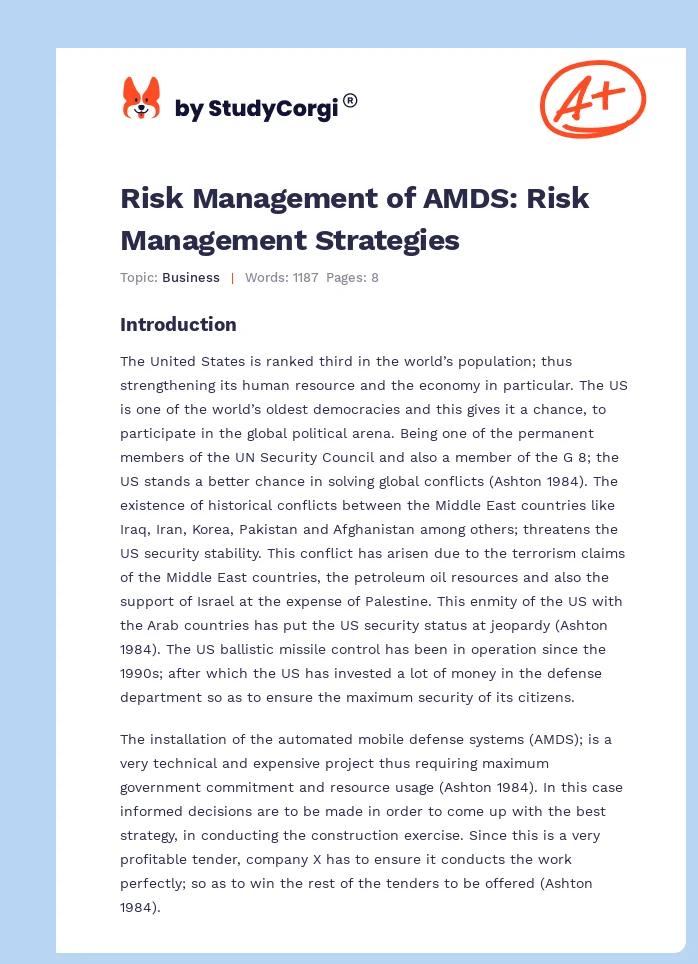 Risk Management of AMDS: Risk Management Strategies. Page 1