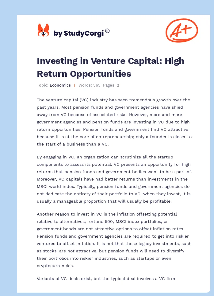 Investing in Venture Capital: High Return Opportunities. Page 1