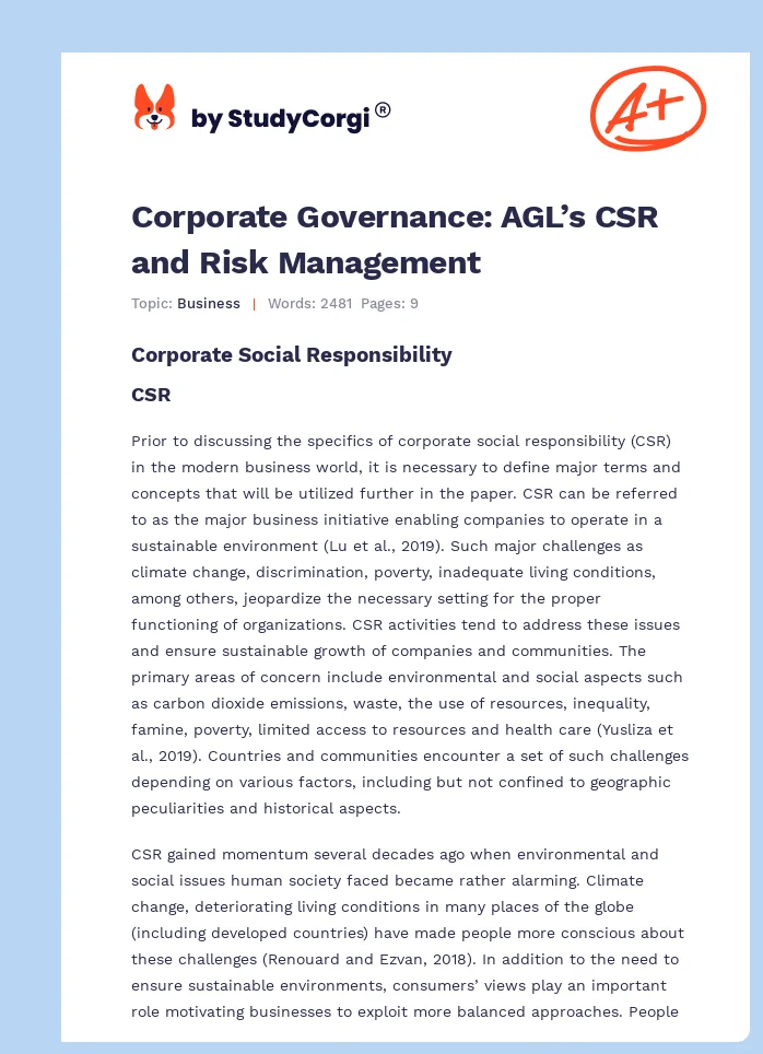 Corporate Governance: AGL’s CSR and Risk Management. Page 1