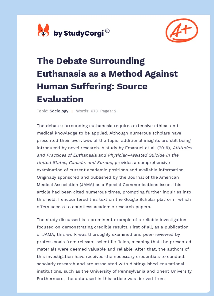The Debate Surrounding Euthanasia as a Method Against Human Suffering: Source Evaluation. Page 1