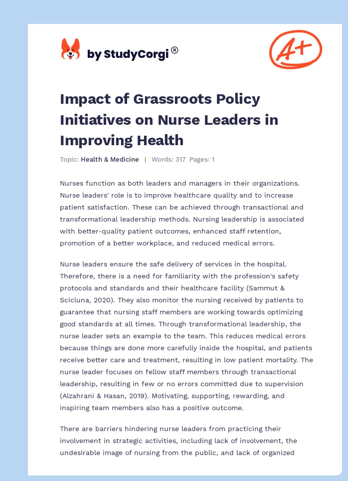 Impact of Grassroots Policy Initiatives on Nurse Leaders in Improving Health. Page 1