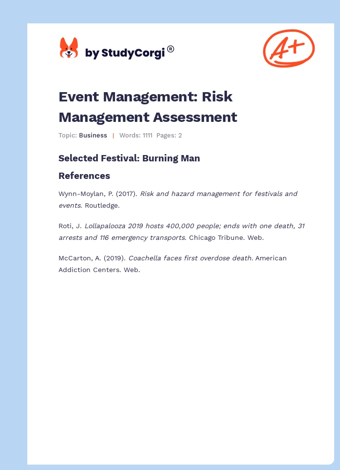 Event Management: Risk Management Assessment. Page 1