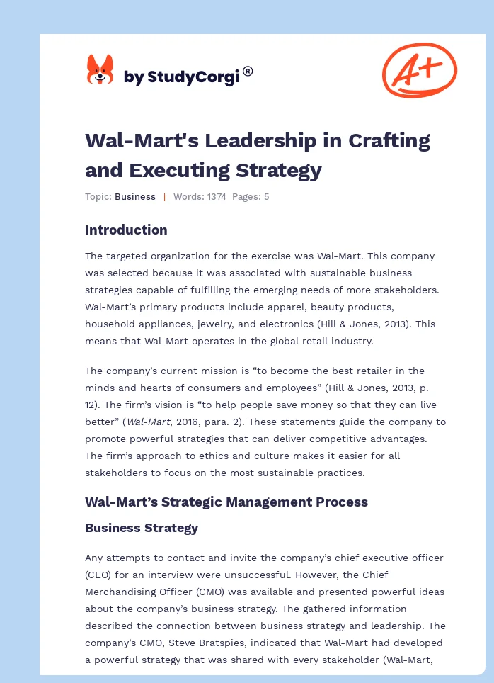 Wal-Mart's Leadership in Crafting and Executing Strategy. Page 1