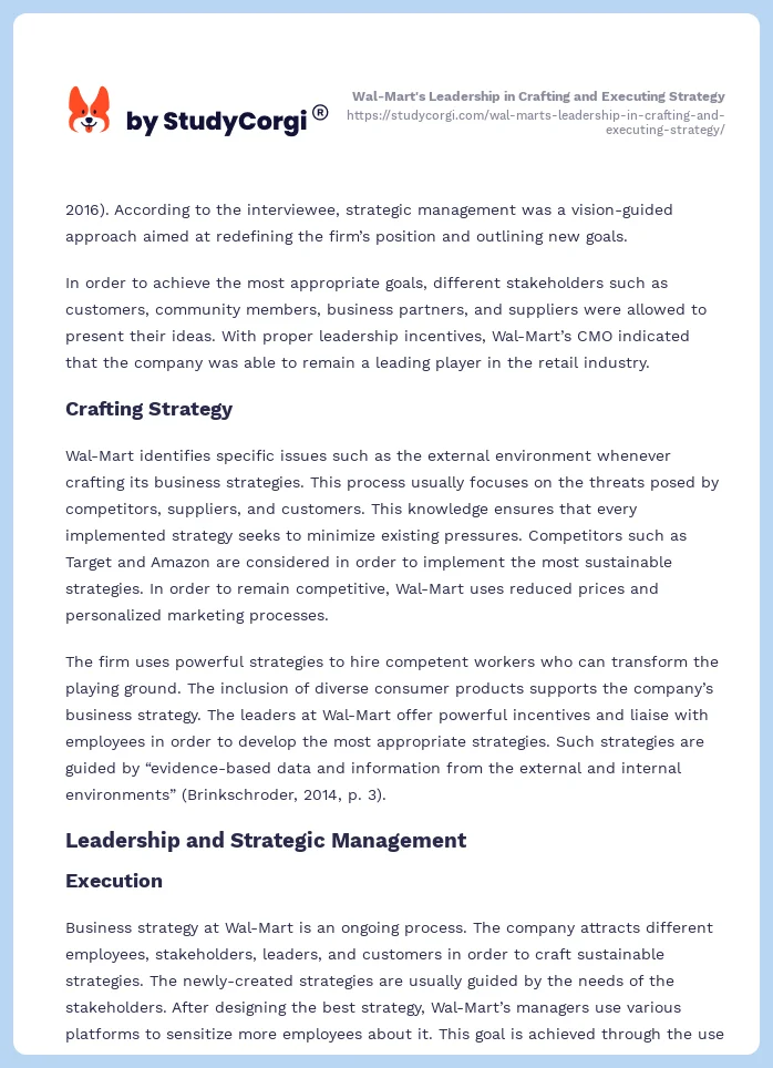 Wal-Mart's Leadership in Crafting and Executing Strategy. Page 2
