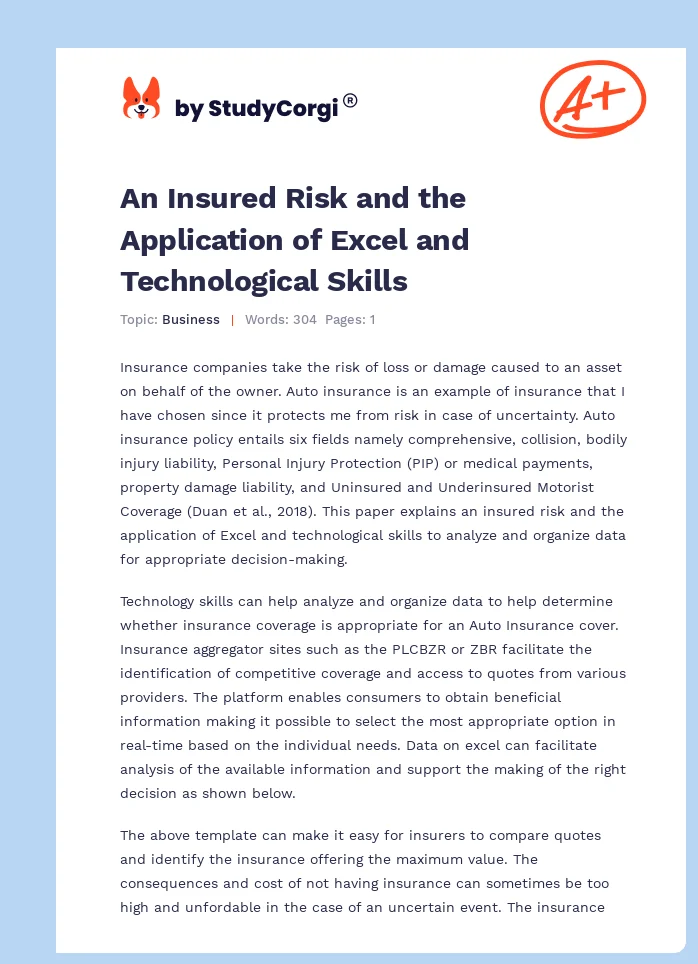 An Insured Risk and the Application of Excel and Technological Skills. Page 1