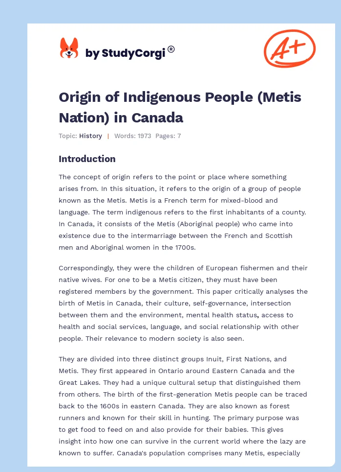 Origin of Indigenous People (Metis Nation) in Canada. Page 1