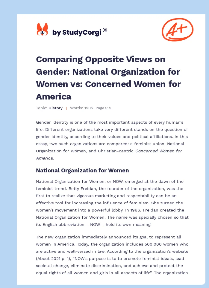 Comparing Opposite Views on Gender: National Organization for Women vs: Concerned Women for America. Page 1