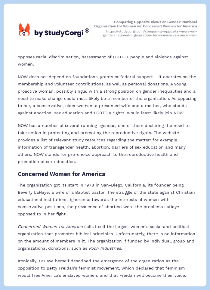 Comparing Opposite Views on Gender: National Organization for Women vs: Concerned Women for America. Page 2