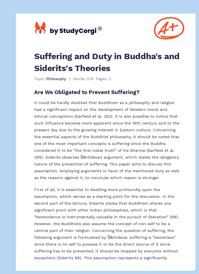 Suffering and Duty in Buddha's and Siderits's Theories. Page 1