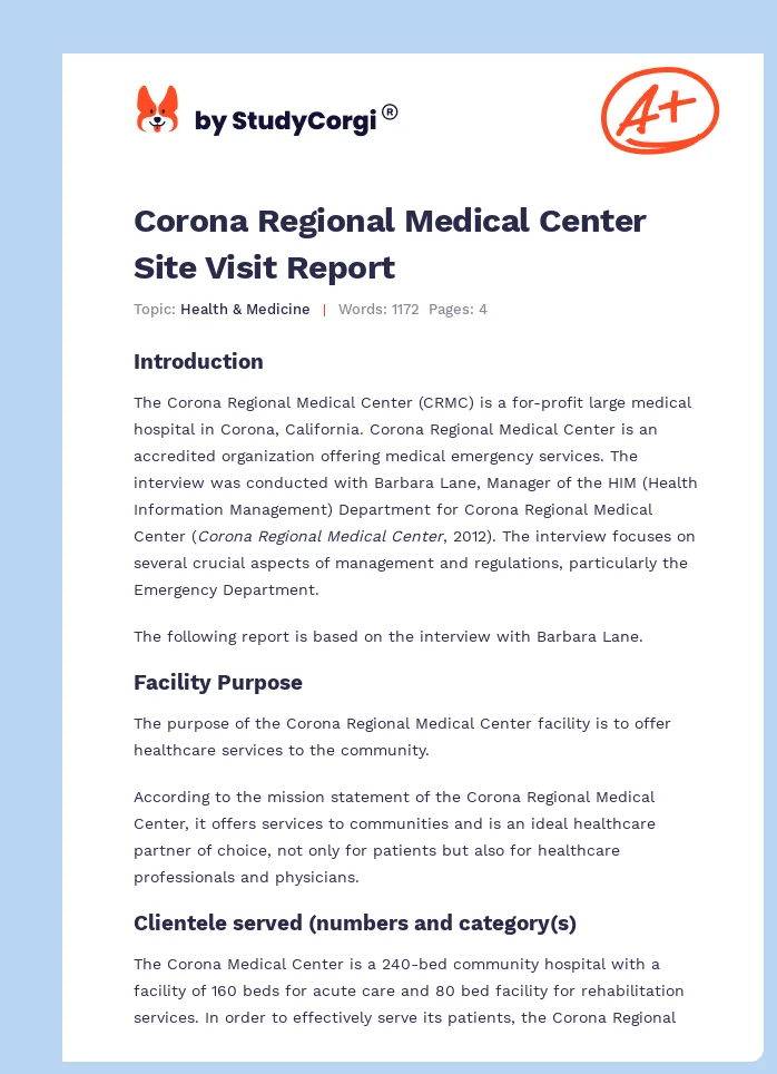 Corona Regional Medical Center Site Visit Report. Page 1
