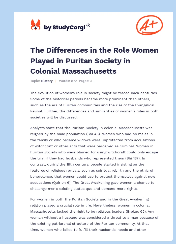 The Differences in the Role Women Played in Puritan Society in Colonial Massachusetts. Page 1