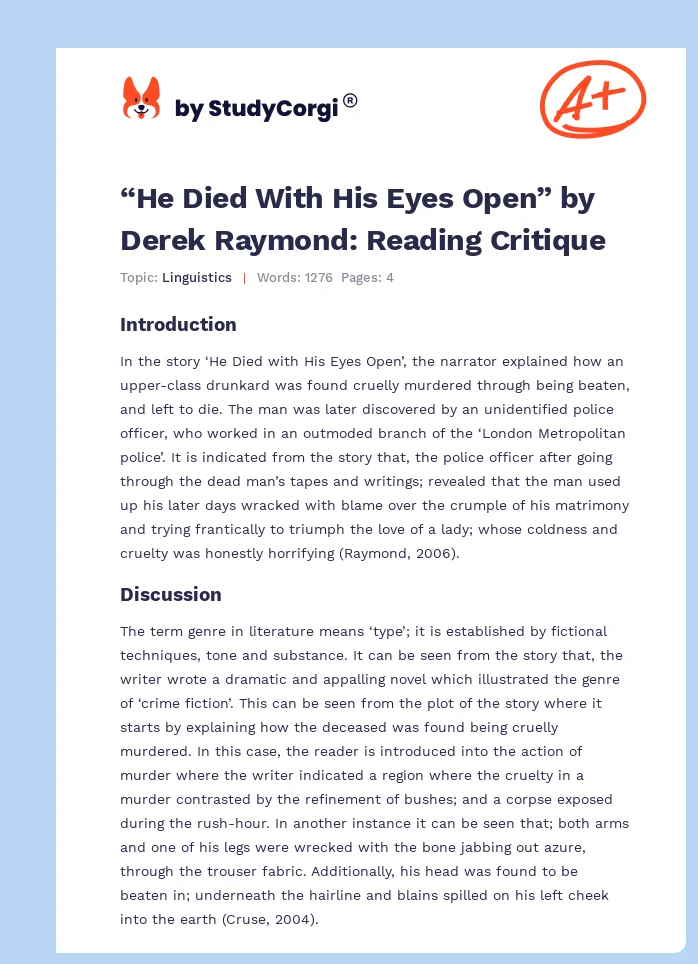 “He Died With His Eyes Open” by Derek Raymond: Reading Critique. Page 1