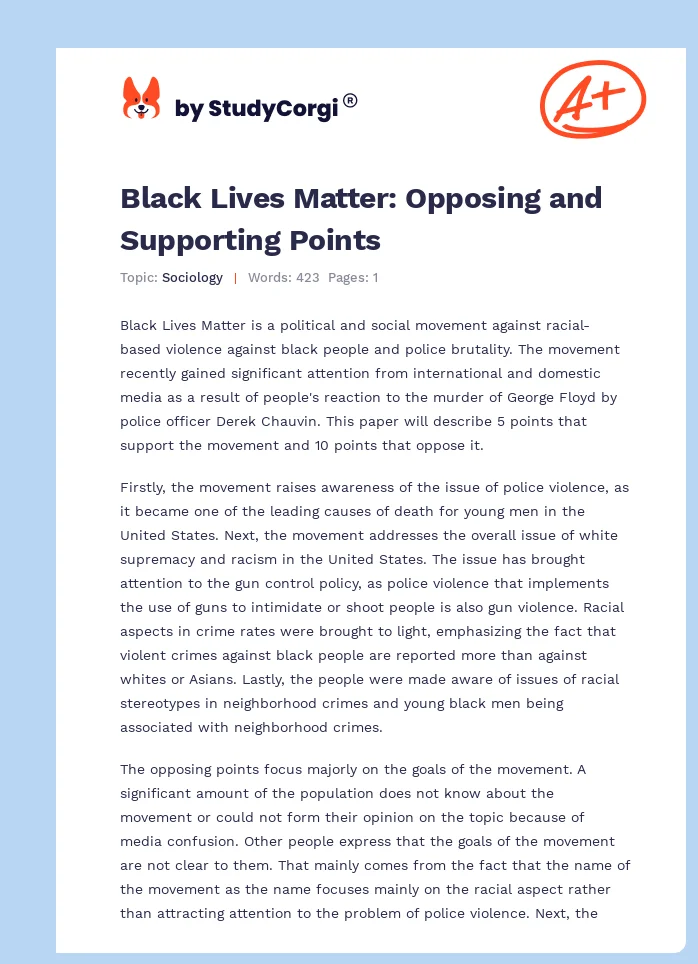Black Lives Matter: Opposing and Supporting Points. Page 1