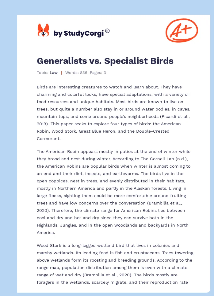 Generalists vs. Specialist Birds. Page 1