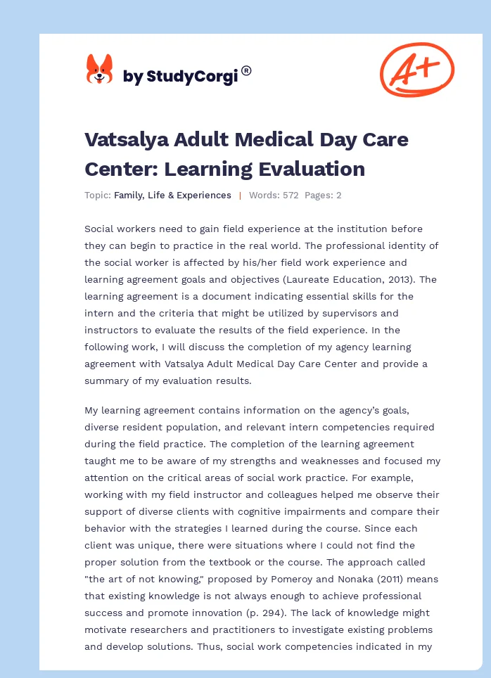Vatsalya Adult Medical Day Care Center: Learning Evaluation. Page 1
