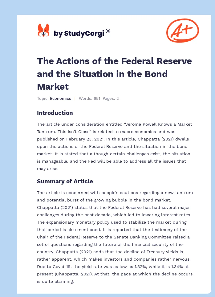 The Actions of the Federal Reserve and the Situation in the Bond Market. Page 1
