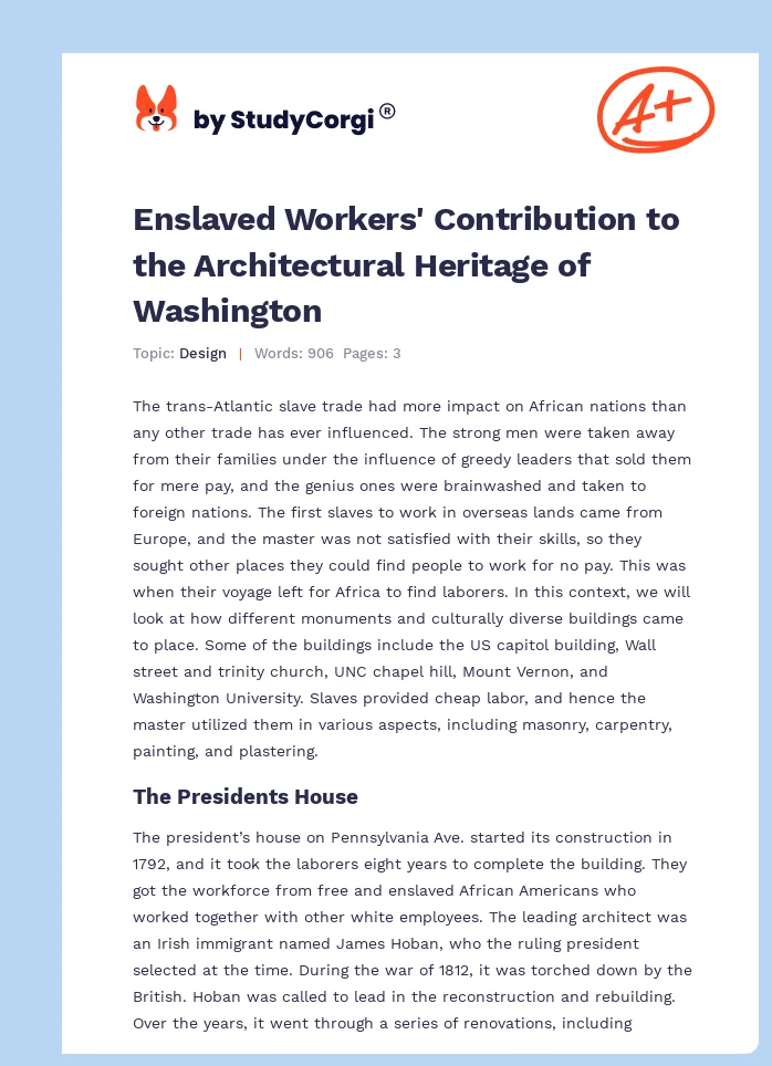 Enslaved Workers' Contribution to the Architectural Heritage of Washington. Page 1
