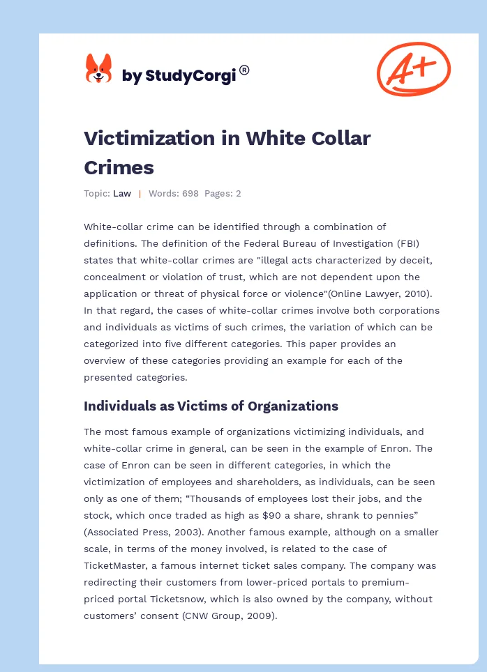 Victimization in White Collar Crimes. Page 1