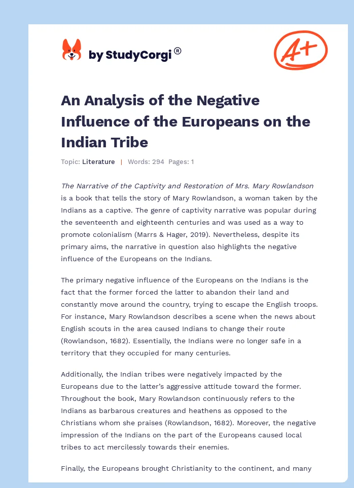An Analysis of the Negative Influence of the Europeans on the Indian Tribe. Page 1