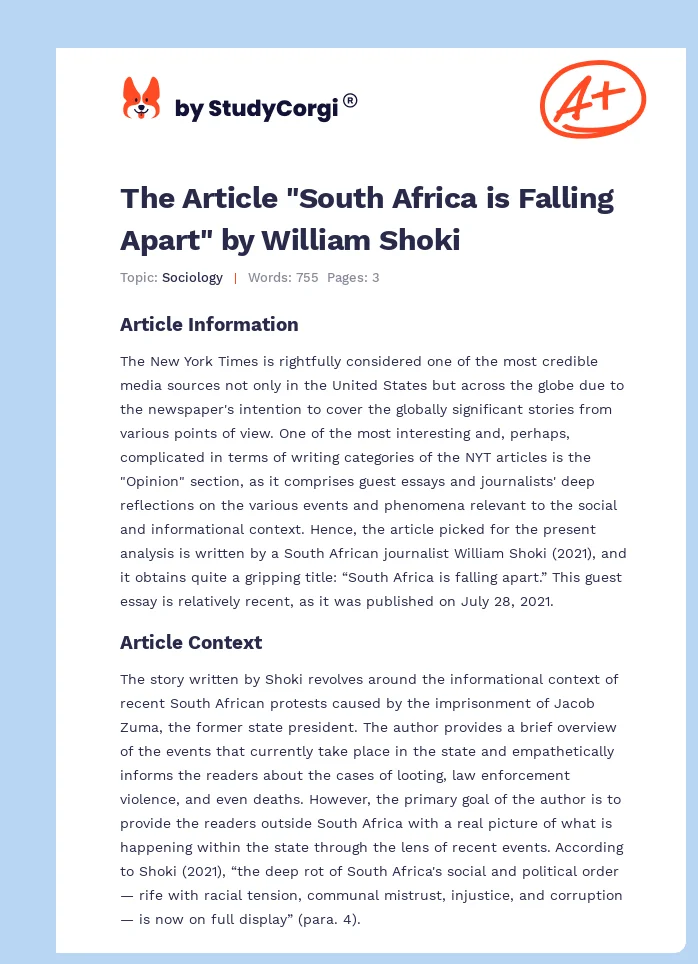 The Article "South Africa is Falling Apart" by William Shoki. Page 1