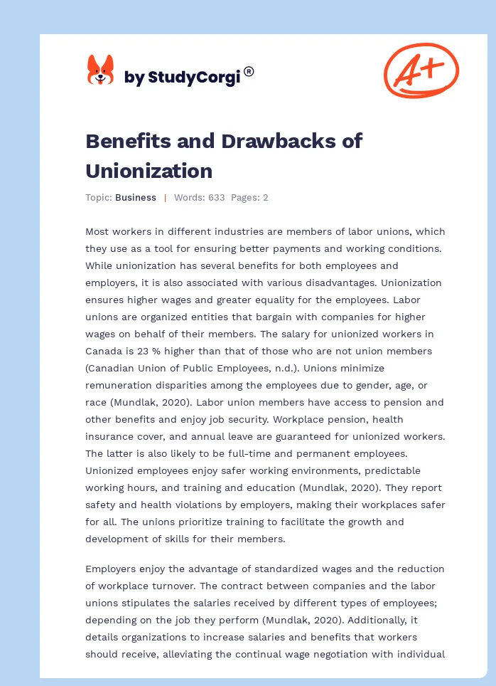 Benefits and Drawbacks of Unionization. Page 1