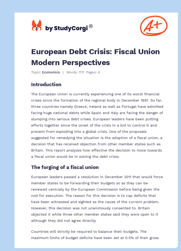 European Debt Crisis: Fiscal Union Modern Perspectives. Page 1
