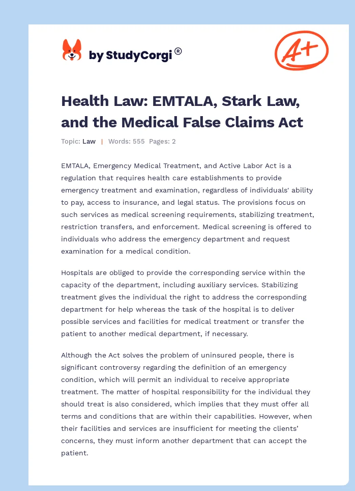 Health Law: EMTALA, Stark Law, and the Medical False Claims Act. Page 1