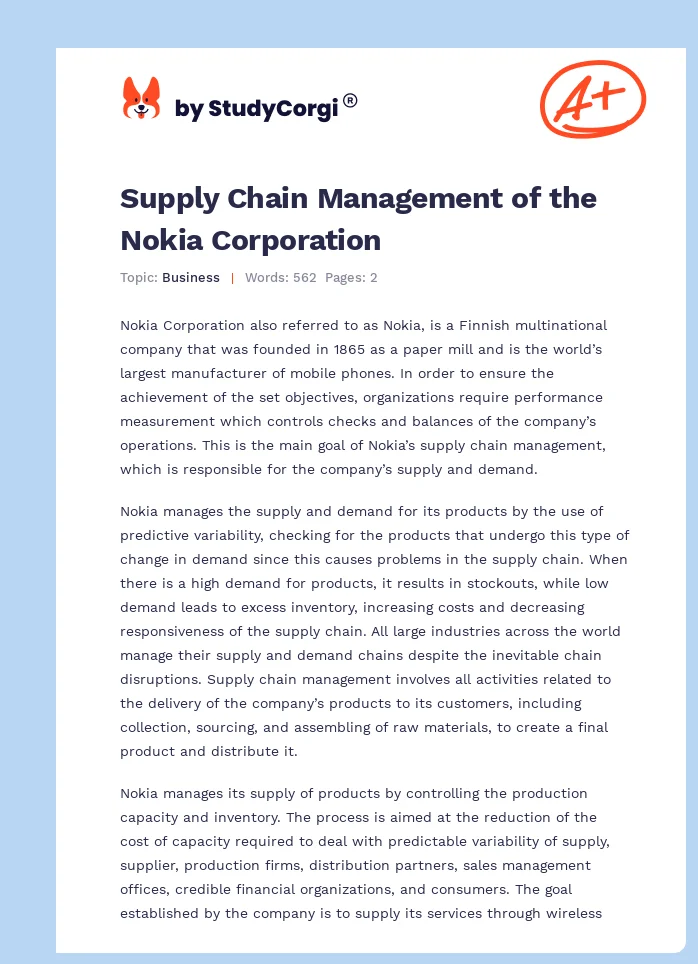 Supply Chain Management of the Nokia Corporation. Page 1