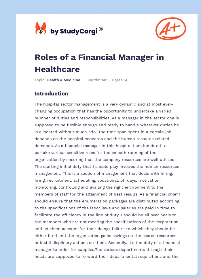 Roles of a Financial Manager in Healthcare. Page 1
