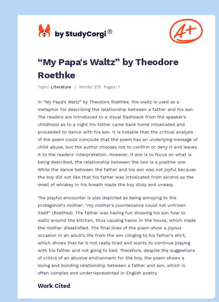 “My Papa's Waltz” by Theodore Roethke. Page 1