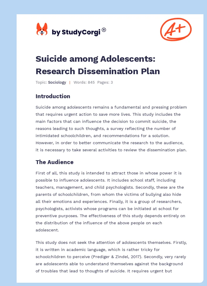 Suicide among Adolescents: Research Dissemination Plan. Page 1