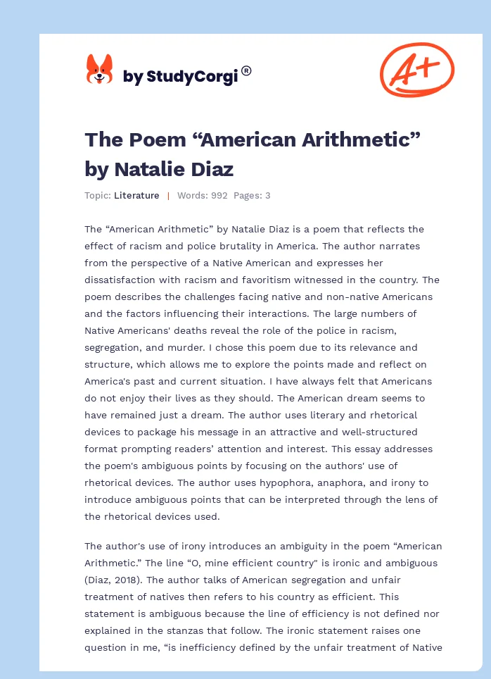 The Poem “American Arithmetic” by Natalie Diaz. Page 1