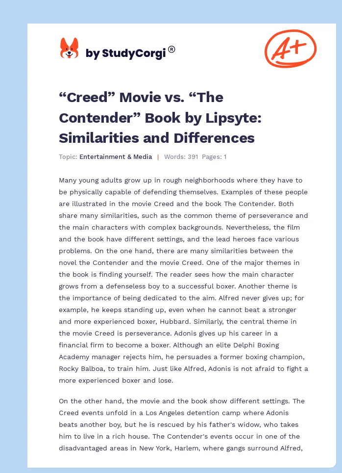 “Creed” Movie vs. “The Contender” Book by Lipsyte: Similarities and Differences. Page 1