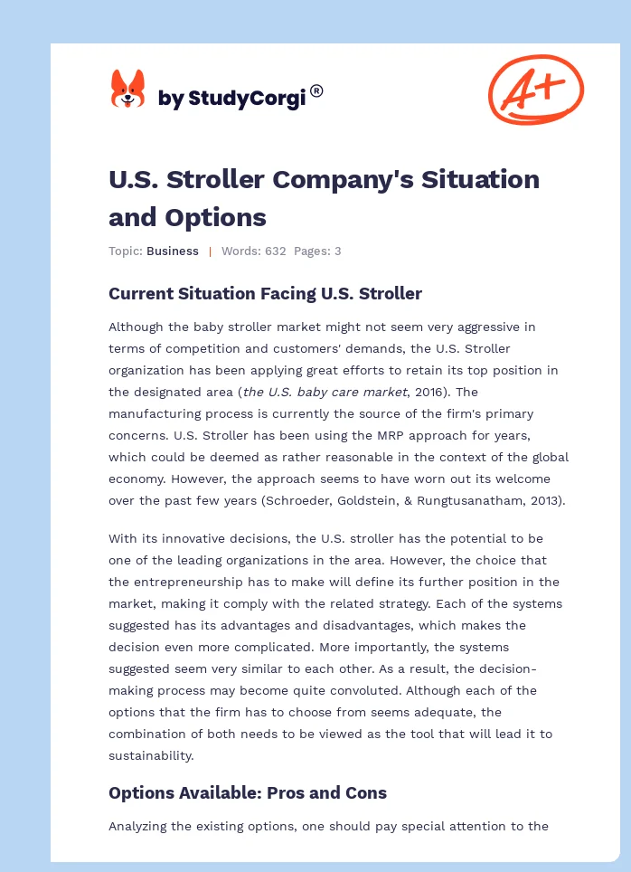 U.S. Stroller Company's Situation and Options. Page 1
