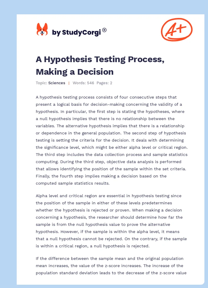 A Hypothesis Testing Process, Making a Decision. Page 1