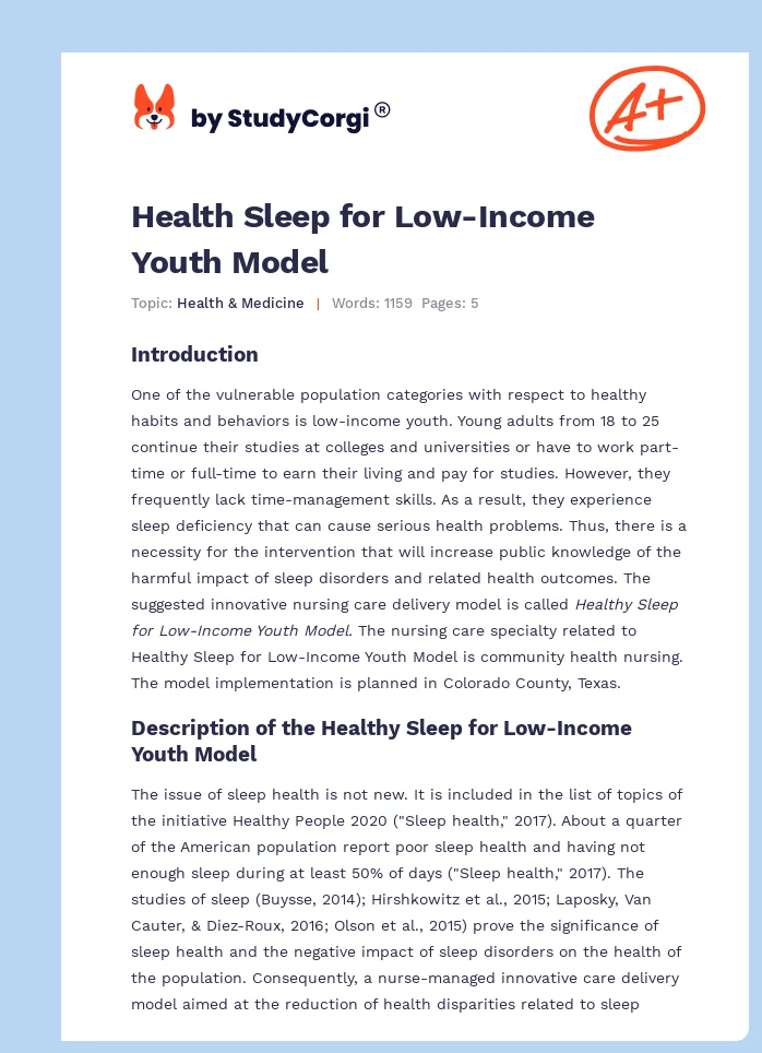 Health Sleep for Low-Income Youth Model. Page 1