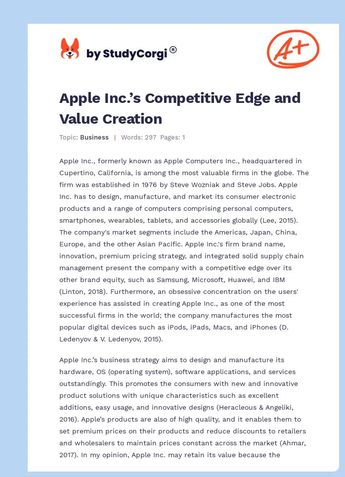 Apple Inc.’s Competitive Edge and Value Creation. Page 1