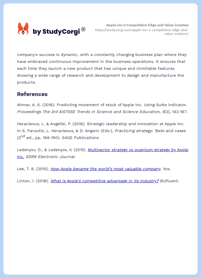 Apple Inc.’s Competitive Edge and Value Creation. Page 2