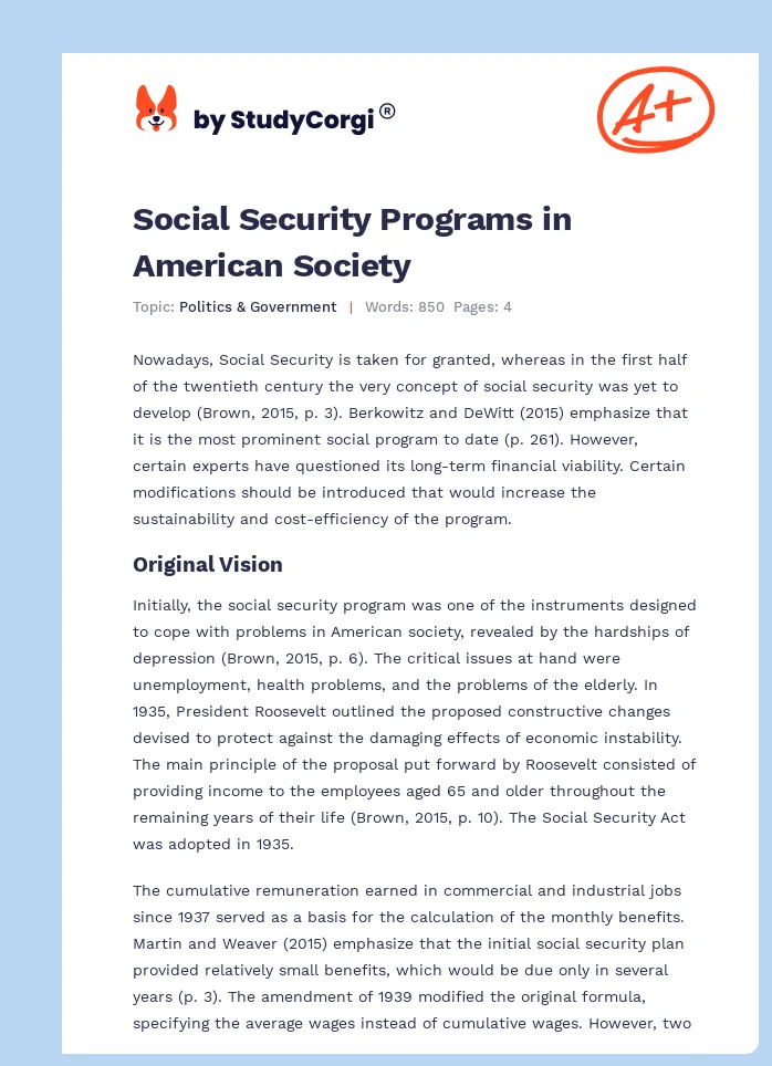 Social Security Programs in American Society. Page 1