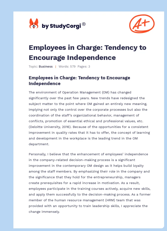 Employees in Charge: Tendency to Encourage Independence. Page 1