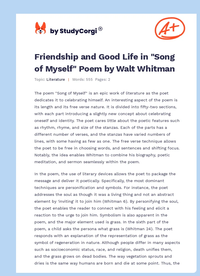 Friendship and Good Life in "Song of Myself" Poem by Walt Whitman. Page 1