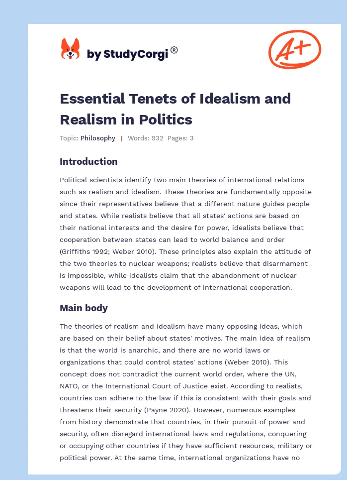 Essential Tenets of Idealism and Realism in Politics. Page 1