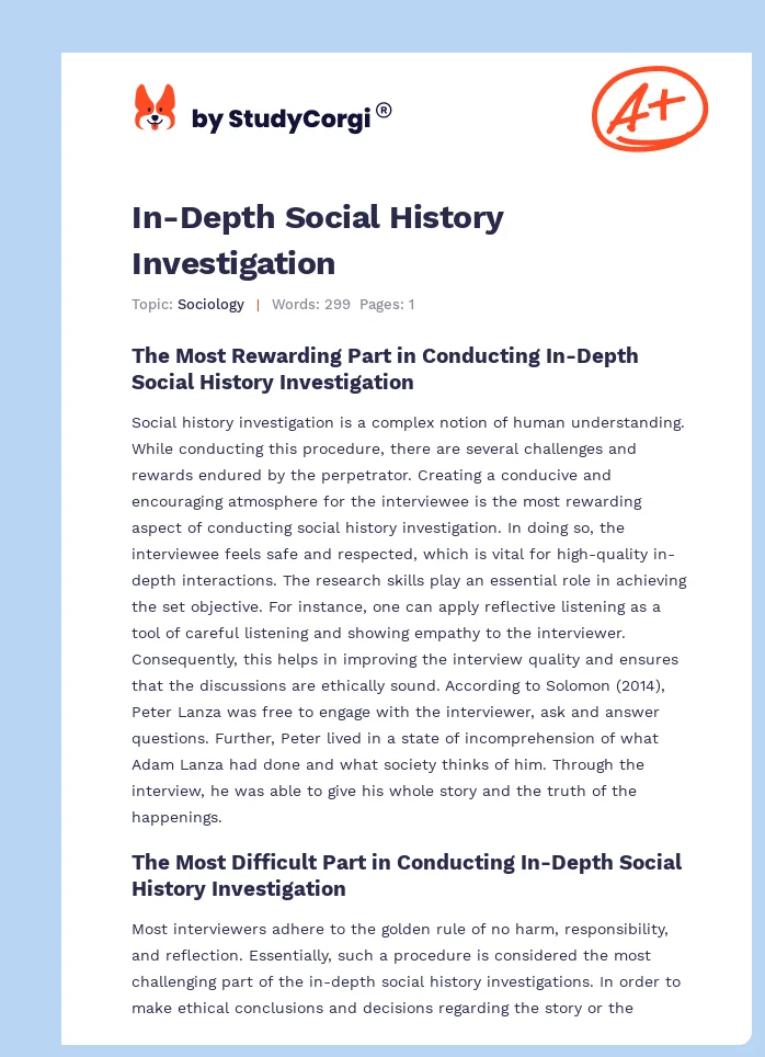In-Depth Social History Investigation. Page 1