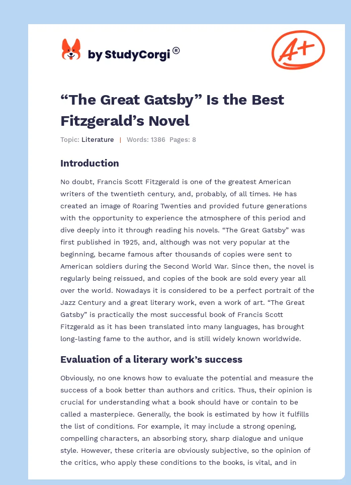“The Great Gatsby” Is the Best Fitzgerald’s Novel. Page 1
