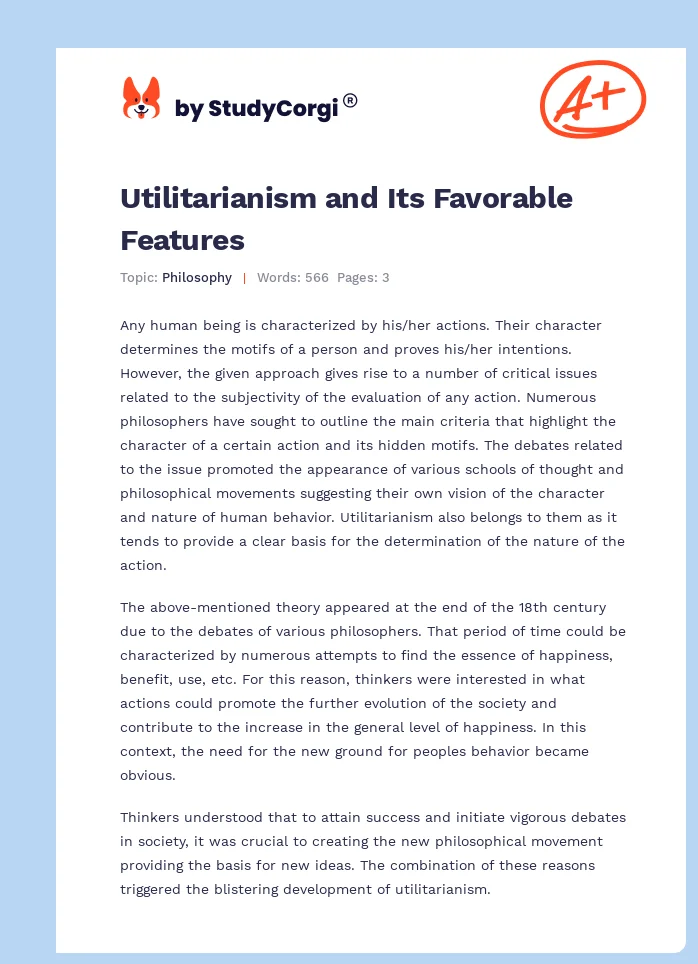 Utilitarianism and Its Favorable Features. Page 1