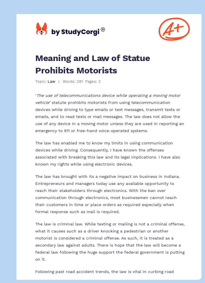 Meaning and Law of Statue Prohibits Motorists. Page 1