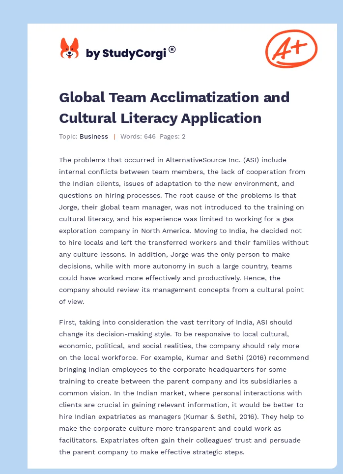 Global Team Acclimatization and Cultural Literacy Application. Page 1