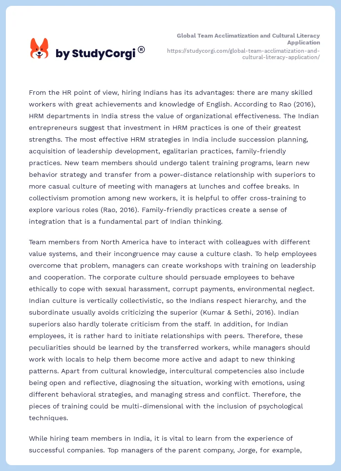 Global Team Acclimatization and Cultural Literacy Application. Page 2